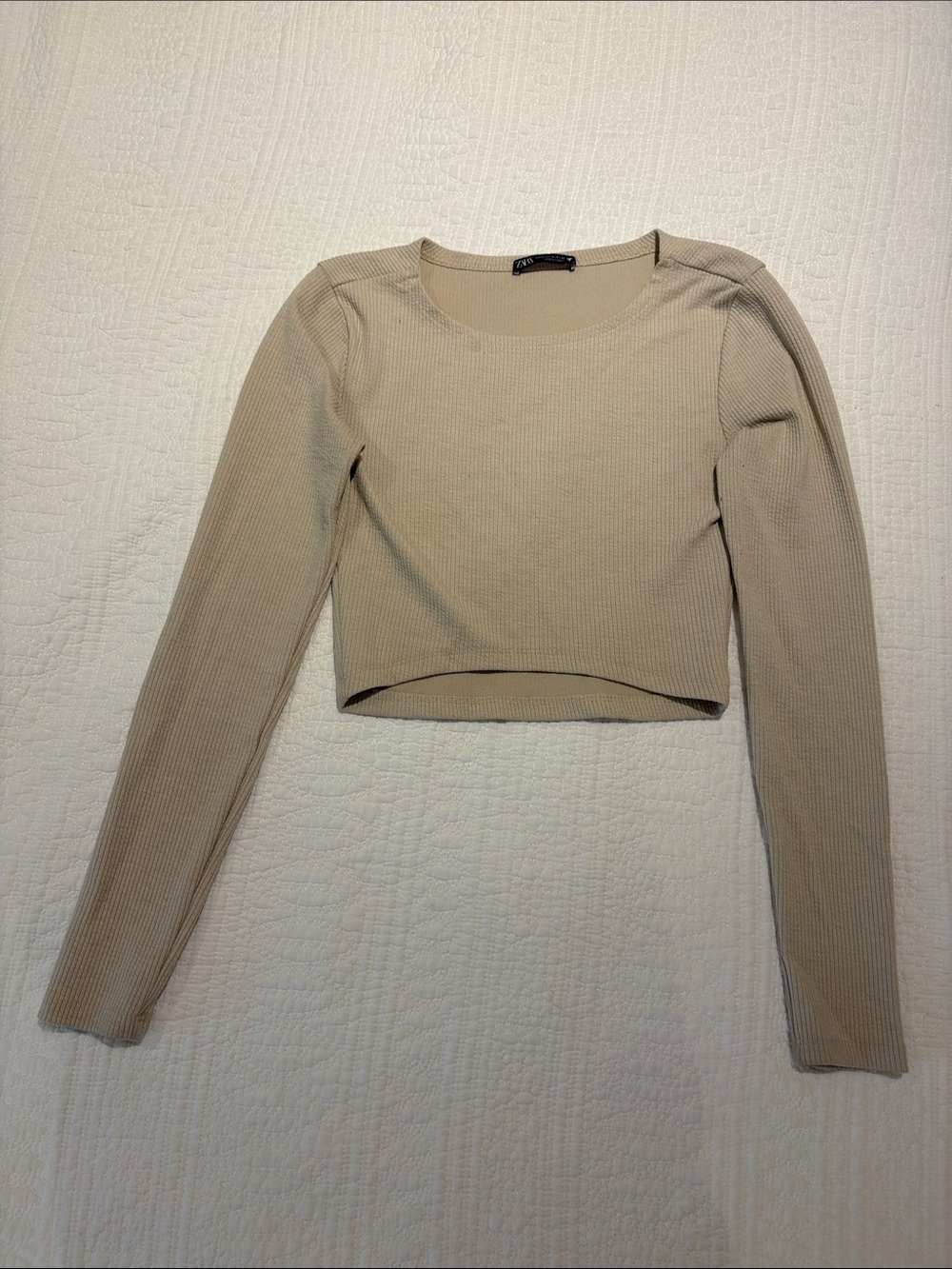 Zara Beige Ribbed Long-Sleeve Crop Top